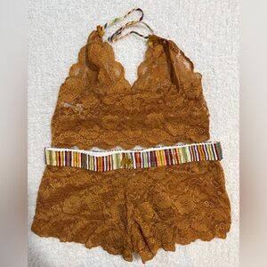 🤎 Foxers Lace Bralette & Shorts Set | Mustard Gold Lingerie | NWOT Size M